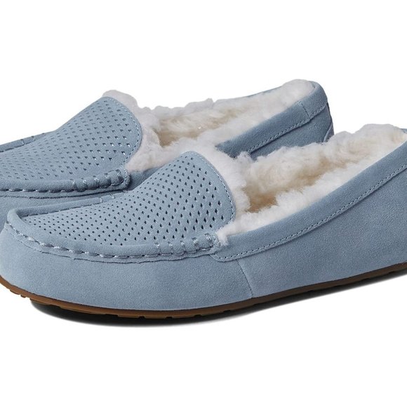 NEW‎ WOMEN'S LEZLY SUEDE FUR LINED SLIPPED ON SLIPPERS LIGHT BLUE 6 - Picture 1 of 7